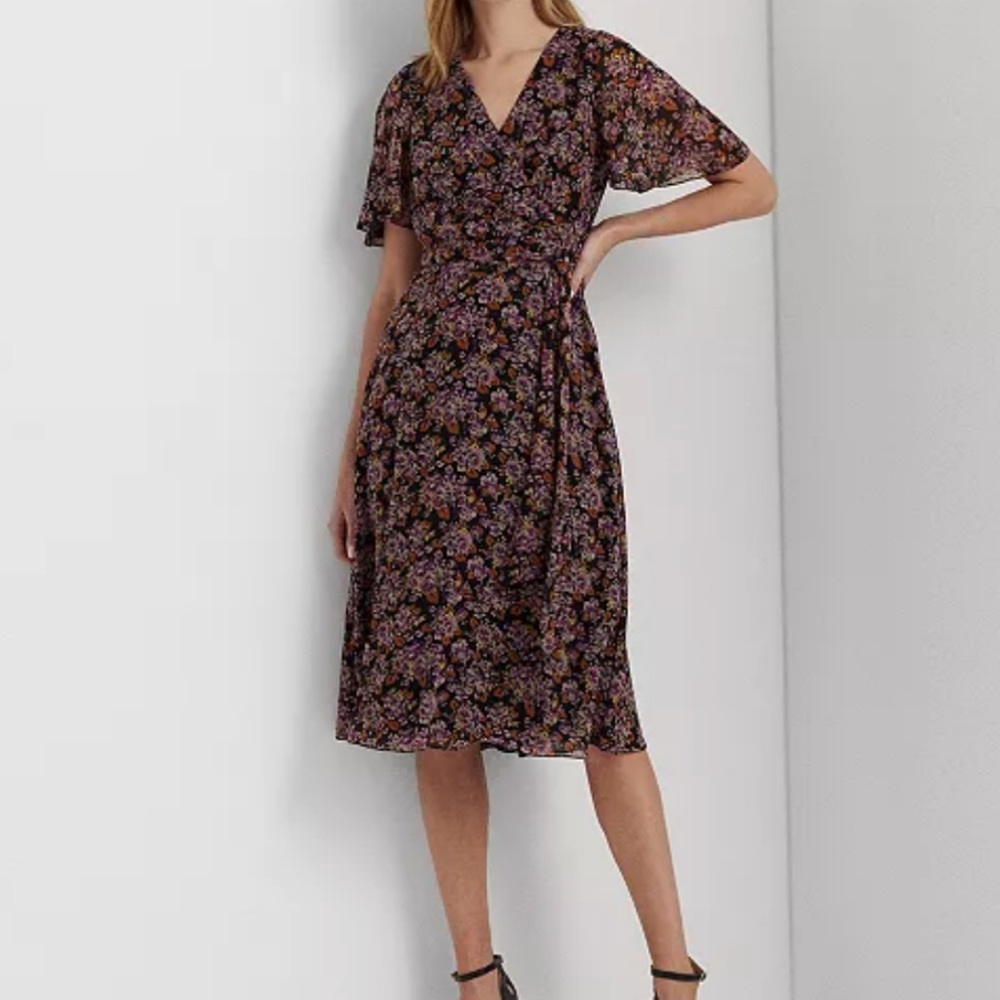 Ralph Lauren Floral Belted Crinkle Georgette Dress size 10